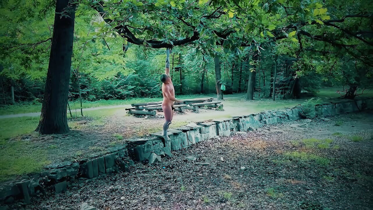Suspended and Tied Naked Guy Whipped until Orgasm in the Park