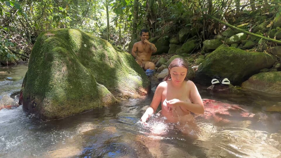 I find a midget pervert watching me in the river while I bathe naked, I see that he has a huge cock so I ask him to fuck me.