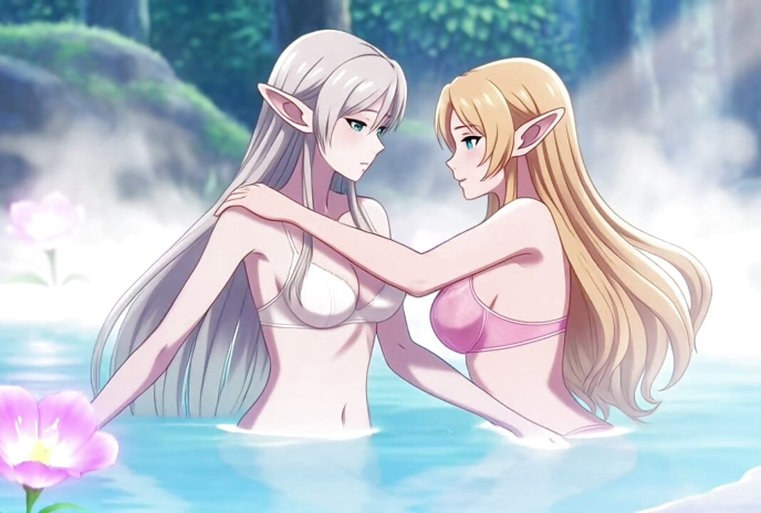สองเอลฟ์เลสเบี้ยนคนสวยแบ่งปันคืนที่ใกล้ชิดในน้ําพุร้อนที่มีเวทมนตร์