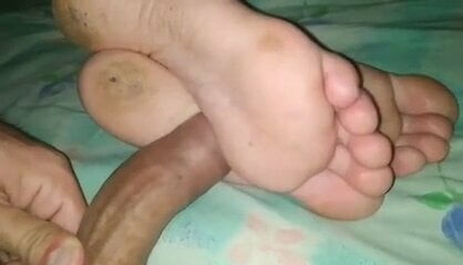 Big uncut cock rubbing dirty wife’s feet and soles