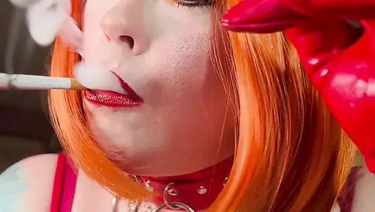 Redhead Tina In Red Leather Dress & Gloves Smoking A Cigarette With Lots Of Dangling, OMI, OME, Snap Inhales