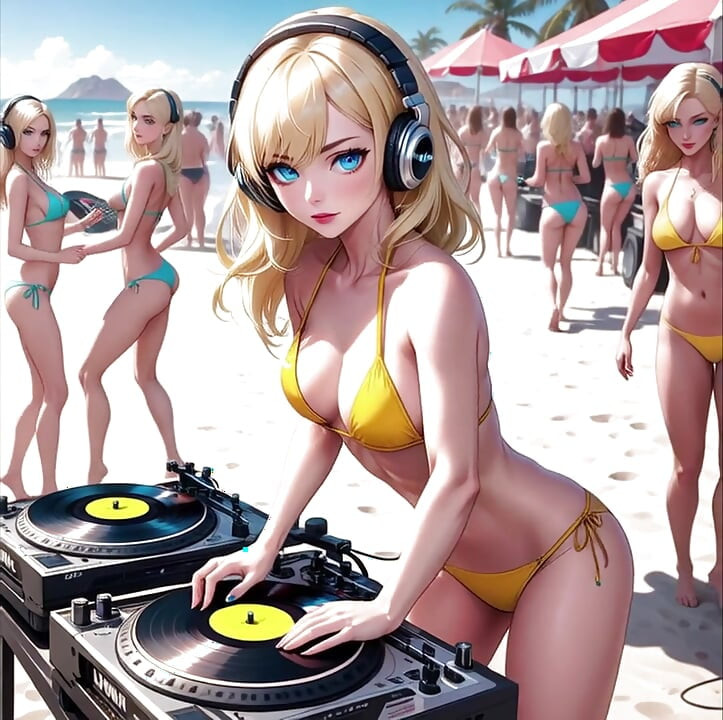 ビーチのアニメセクシーDJ シンセウェーブ レトロウェーブ