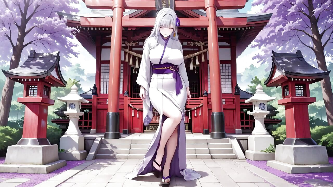 Secretos del Santuario de Miko de pelo plateado! Kimono blanco medio desabrollado, poses arrodillados y contacto visual intenso.