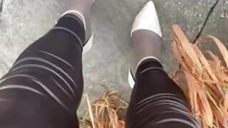 Walking in heels and latex leggings