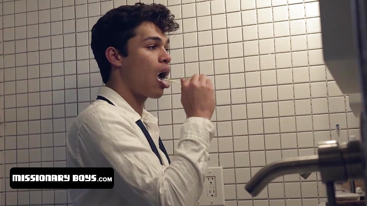 Cute innocent boys bang in the bathroom