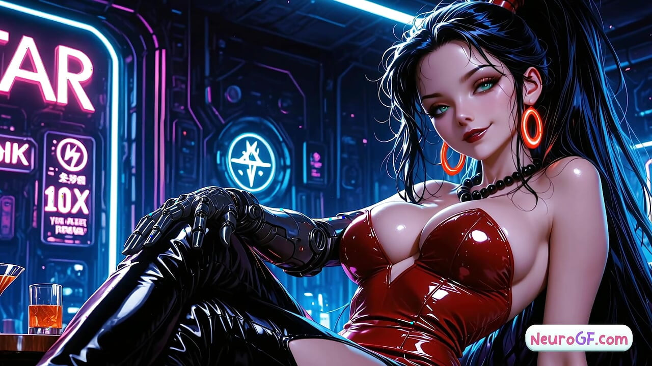 Black-haired cyber slut rips off her dress & gets fucked deep on the neon bar