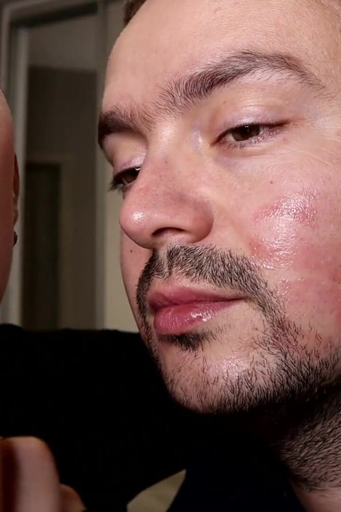 Covering Alex with glossy and red lipsticks kisses all over his face!