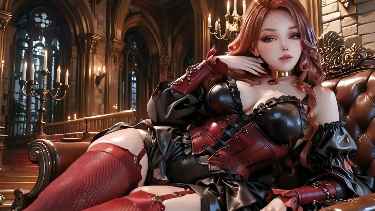 Gothic Redhead Queen! a Lavish Coronation in the Candlelit Hall, Kneeling with a Golden Cup and Sheer Stockings