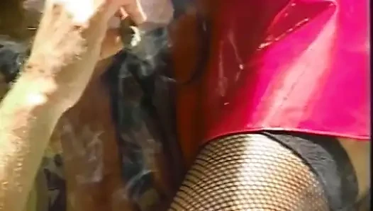 Slender blonde gets her holes filled with two cocks