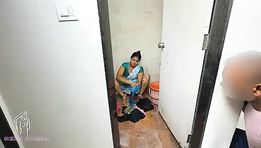 Komal was secretly shaking the land at the sight of her breasts doing the bathroom laundry.