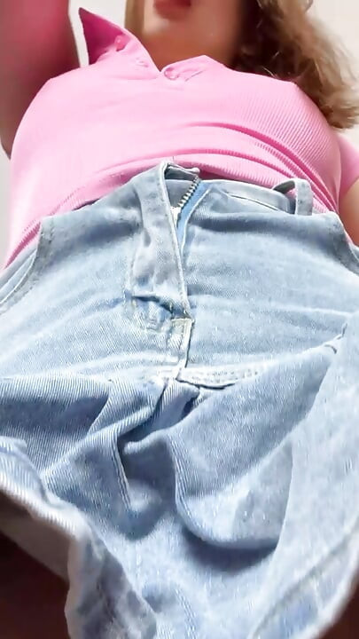 Young Blonde in Denim Skirt No Panties Close Up Wet Pussy