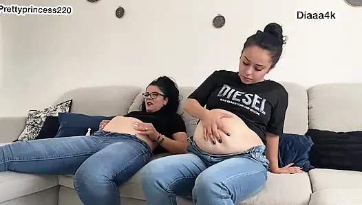 2 Sexy Girls Playing with Bellies and Farting in Jeans