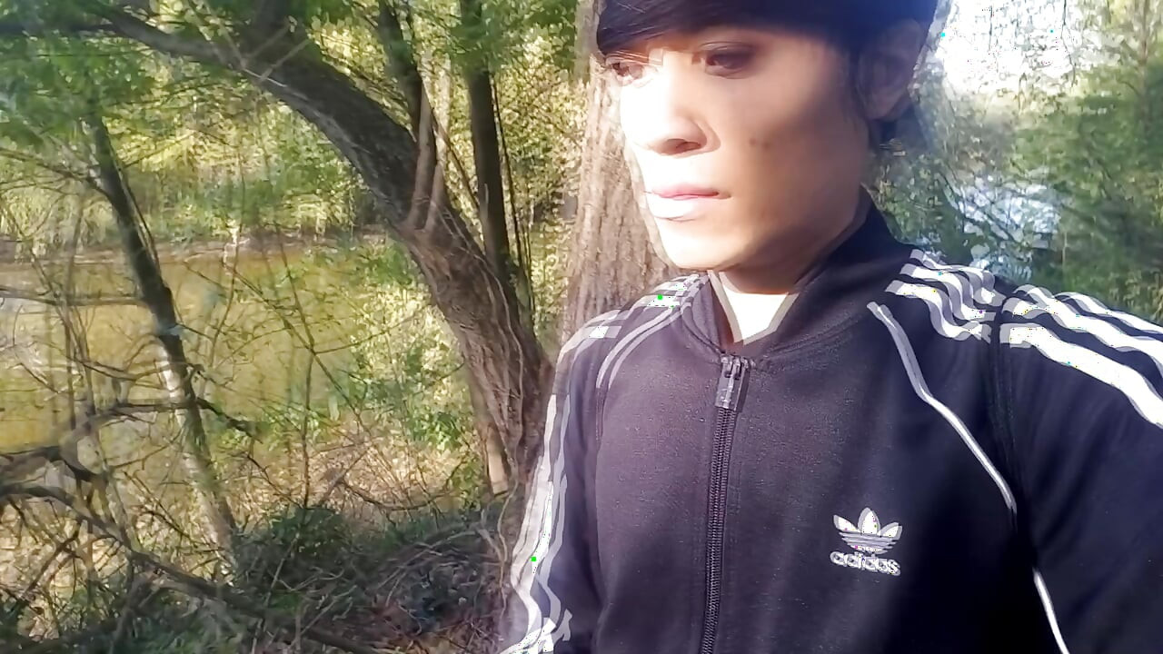Who will spot this twink in a black and white adidas tracksuit, flashing his cock in public going commando freeballing, peeing i