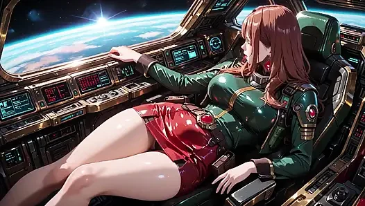 Redhead Commander in Green Sci-fi Uniform! Lazy, Teasing Vibes While Playing with Candlelight on the Spaceship Bridge.