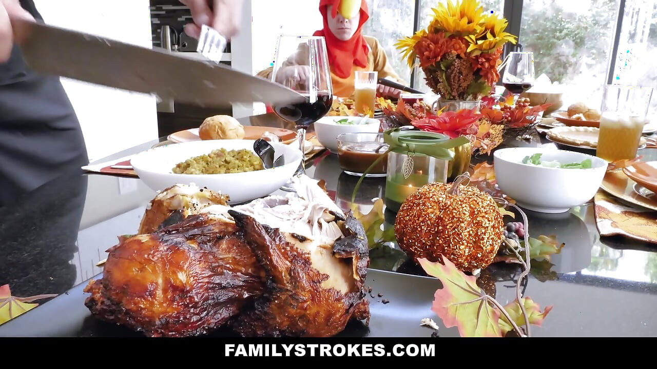 Horny milf & teen thanksgiving orgy with stepson & stepdad