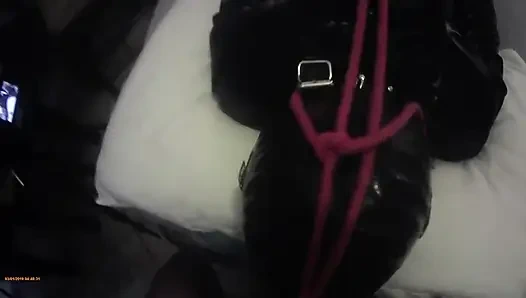 Laura hogtied and hooded with a lip open mouth gag has her throat fucked for 15 minutes
