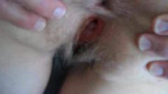 direct cumshot on wife's hairy spread asshole
