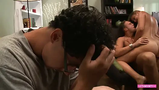 The cuckold scene with the small titted brunette in fucking and her husband as watcher