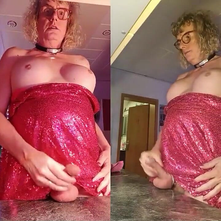 Tgirl Anna Cums with a Pink Foxtail Plug in Her Ass and Wears a Pink Dress