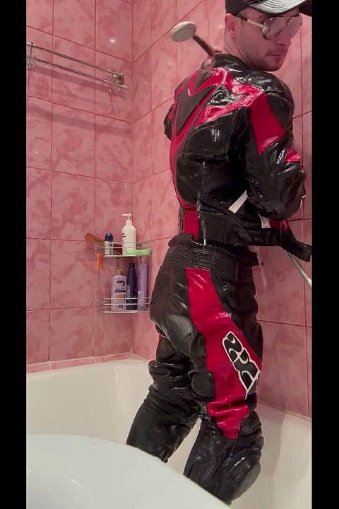Leather Biker Kinkysirius Take a Shower in Motogear Fetish Outfit!