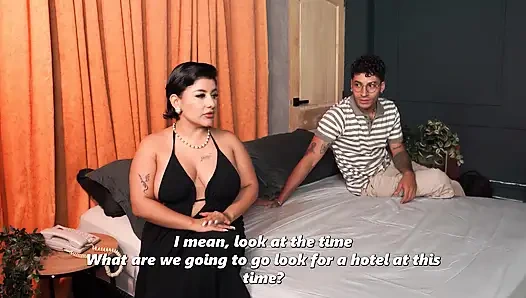 Busty stepmom ends up sharing a bed with her skinny stepson due to a hotel mix-up