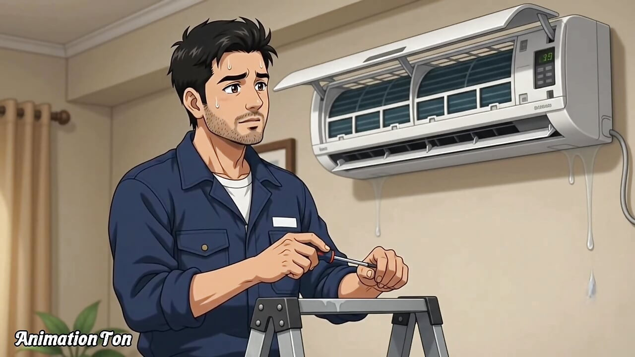 Entrada inesperada de mecânico no quarto. Animação hindi 2D
