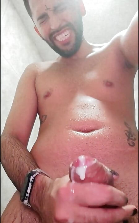 Son of Lilith jerking his big uncut cock and eating his own cum