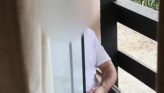 Shocked Stepmom Catches Stepson Jerking Off On Balcony But Helps Him Finish