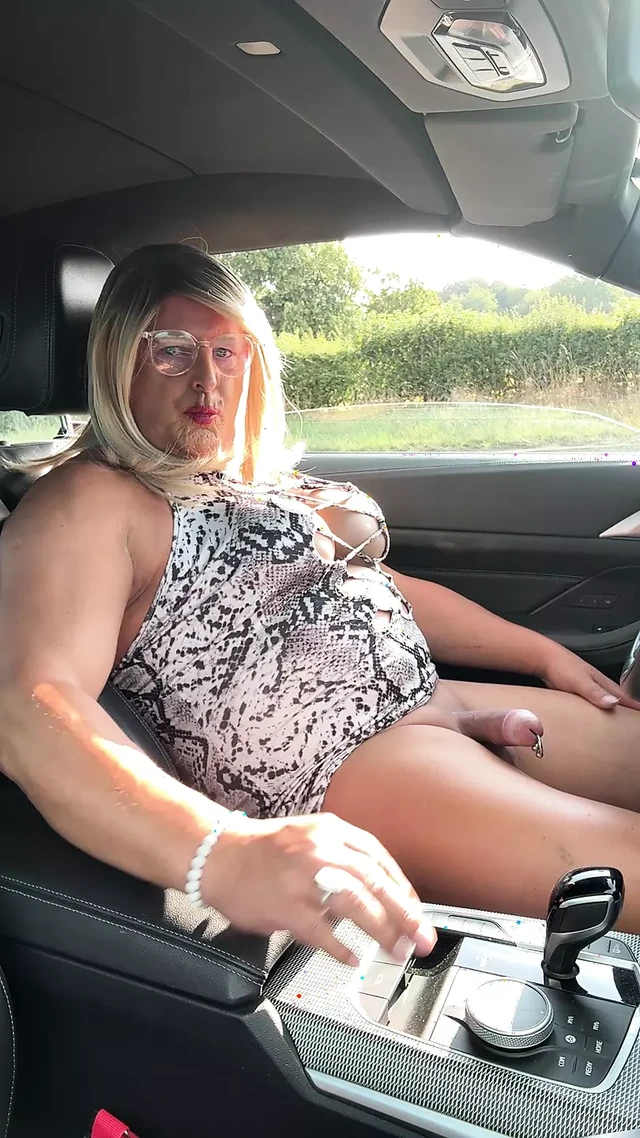 Sexy Crossdresser kellycd2022 in white animal print and pantyhose enjoying an afternoon drive