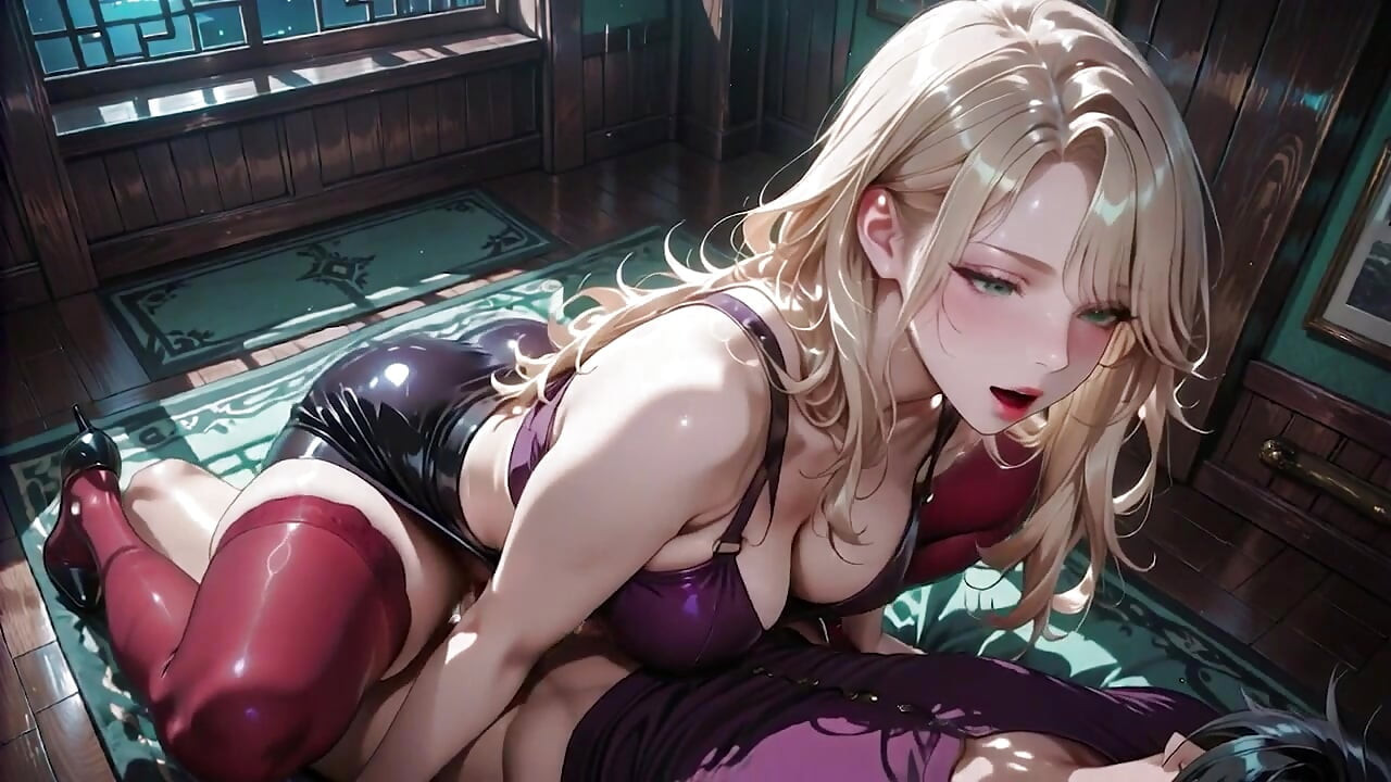 Blonde Bombshell in Purple Lingerie Shiny Black Skirt Red Stockings High Heels