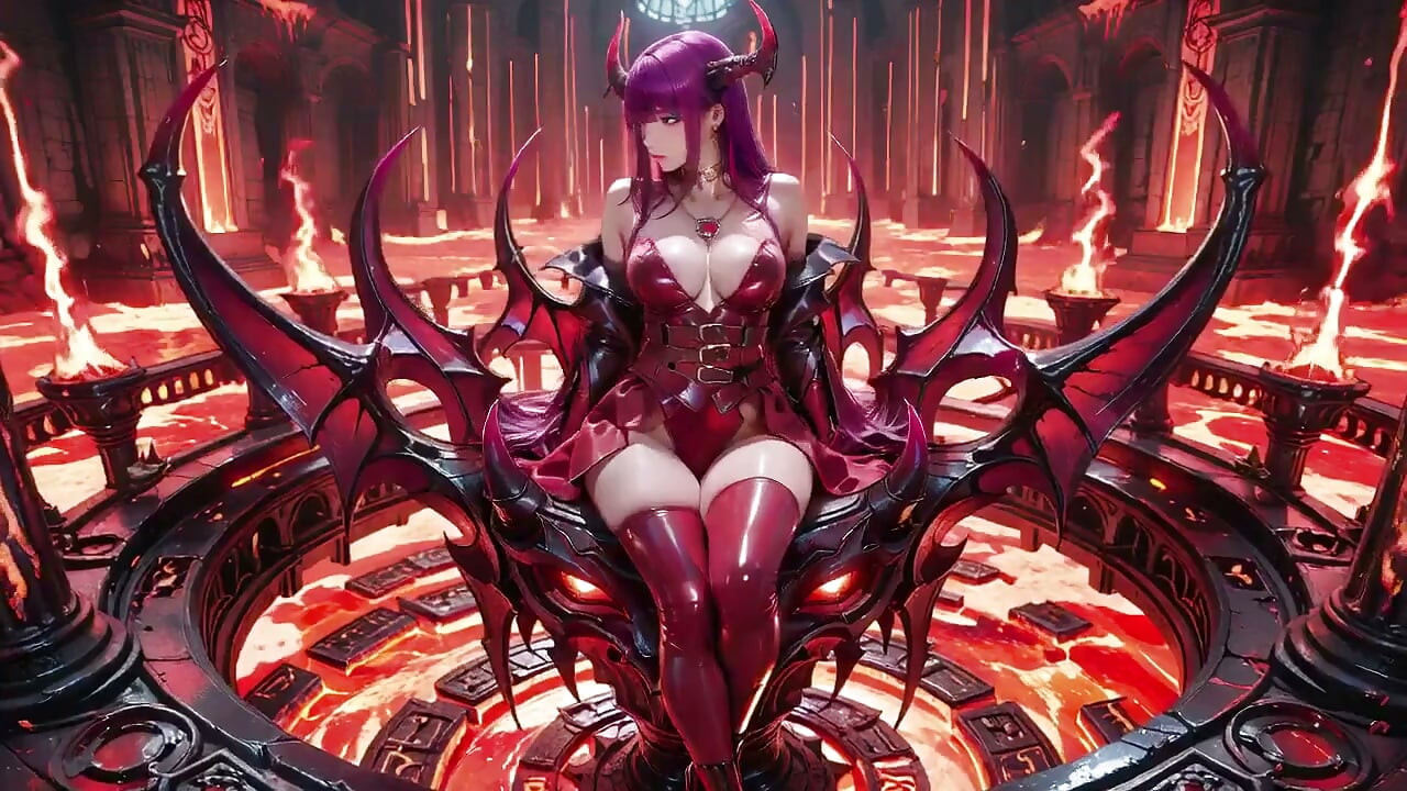 Reine démoniaque aux cheveux violets ! Fête interdite sur le trône de Magma, armure rouge-noire accrochée à la peau torride !