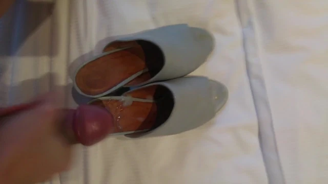Cumming on my wife's Office Grey Block Heel Mules