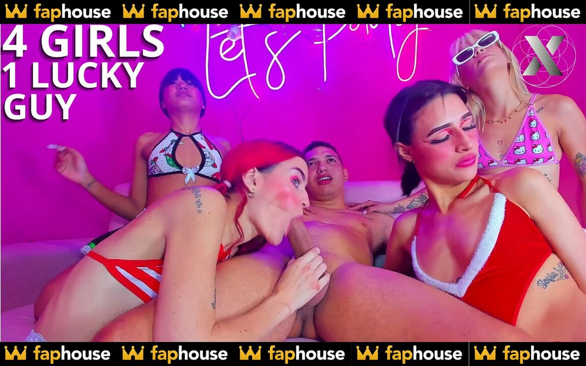 4 schöne mädchen geben einem glückspilz heiße blowjobs