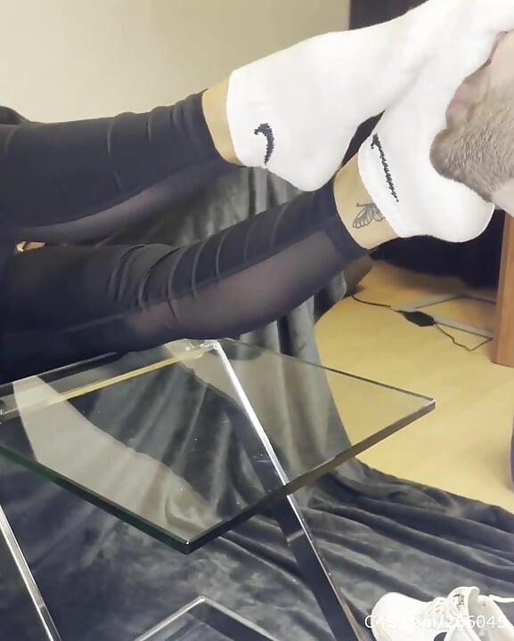 Dirty White Sneaker Worship - Smelly Socks in Face with Valeria Night (front View)