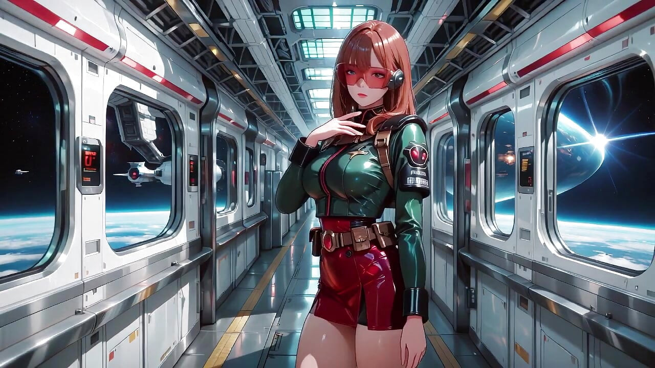 Inside the Sci-Fi Train, she wears a tight green armor, touching her red lips while gazing at the galaxy through the porthole.