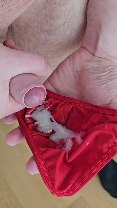 Red Mini String Thong Covered with Ice Sperm | Clip 2