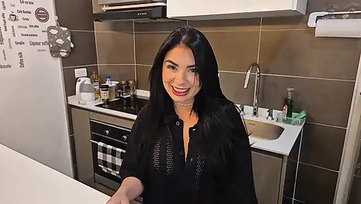Beautiful redhead with huge tits sucks my cock Jerks me off just before dinner