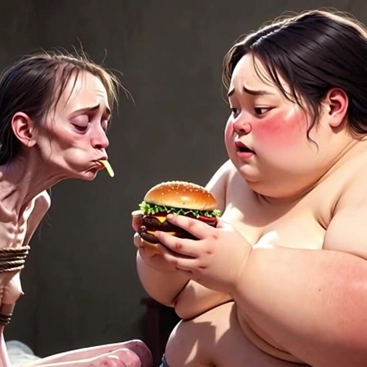 Skinny Girl Getting Fed by Huge Fat Woman - Contrast Feeding Fetish