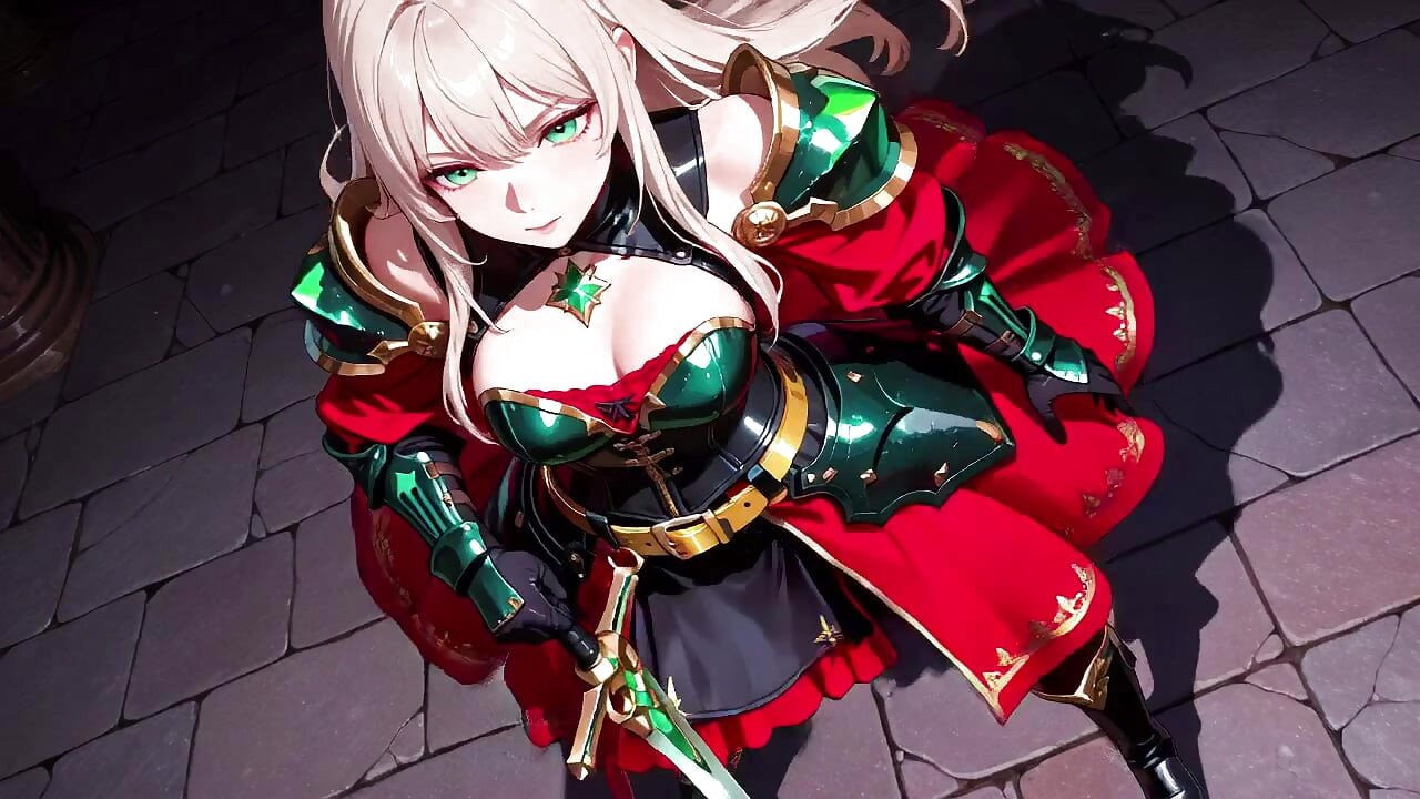 Fantasía prohibida en armadura roja y verde! Rubia Knight se relaja seductoramente mientras su pareja de pelo plateado se arrodilla para servir
