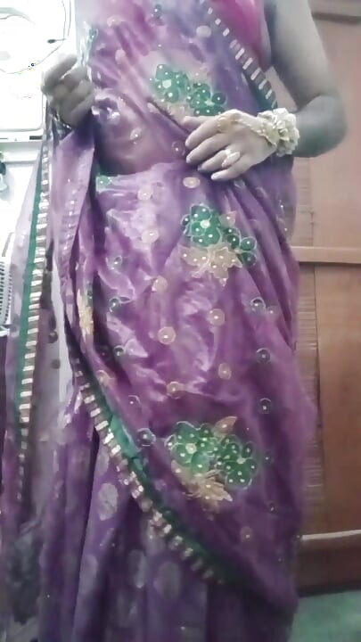 Indian Gay Crossdresser Bottom Gaurisissy Pressing and Playing with Her Big Boobs in Purple Saree with Heavy Jwellery