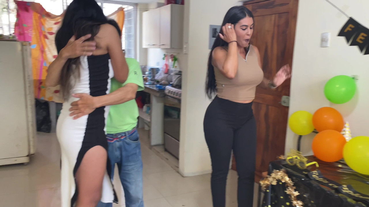 Two cute young women celebrate daddy's birthday, real homemade threesome