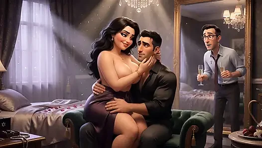 A Muslim man and a Jewish wife, with her cuckold  Christian husband watching her being fucked.