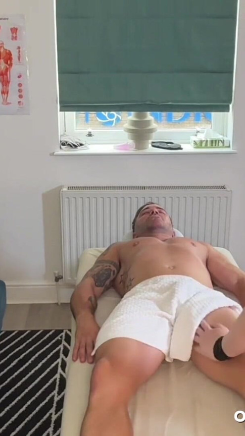 Muscle construction guy got excited during massage with a new masseur | Clip 1