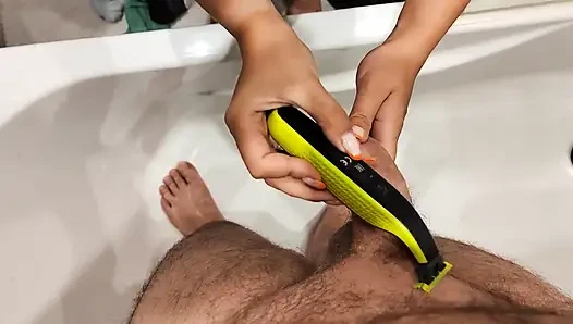 The New Job of My Sexy Wife. Helps to Shave Penis and Give Handjob