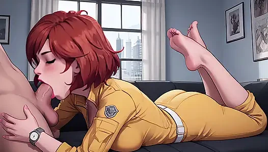 Breaking News: Busty Redhead Reporter in Yellow Jumpsuit, Glossy POV (AI-Generated)