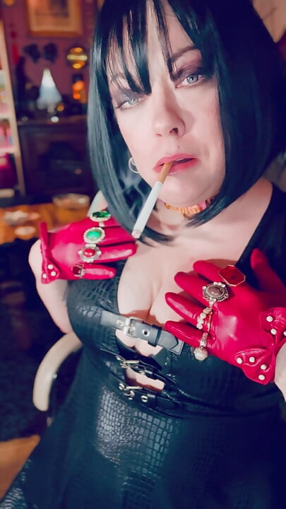 Red Leather Gloves & Rings! Smoking Tart Tina Snua Smokes A Cigarette & Shows Off Her Gloves - Smoker