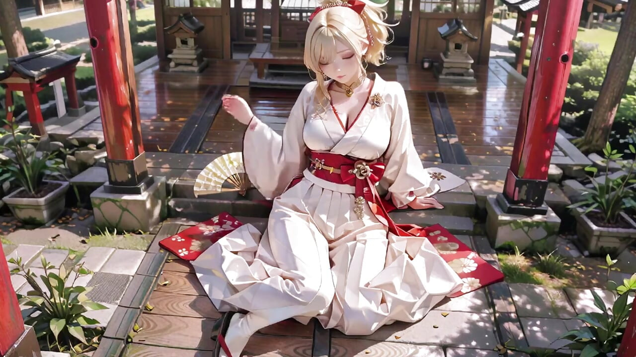 În genunchi sub poarta Torii, într-un kimono bej modificat, ea își atinge pieptul și își urmărește clavicula