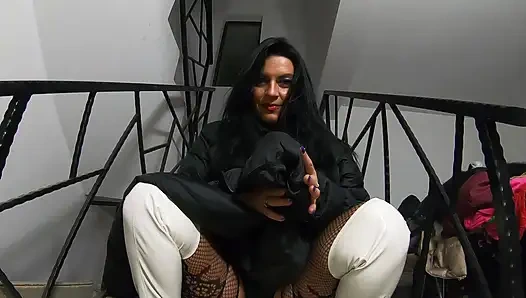 Unterjacke, fetisch auf der treppe Glänzende stiefel, bodystockings, sinnliche berührung 317