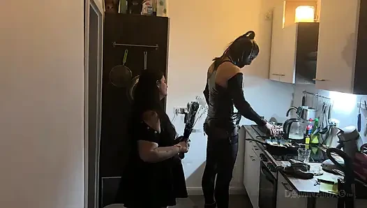 Dominant MILF Stretches Latex Sub's Ass Wide in Kitchen