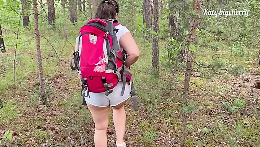 Big-boobed girl got lost in the woods, but found a dick in outdoor